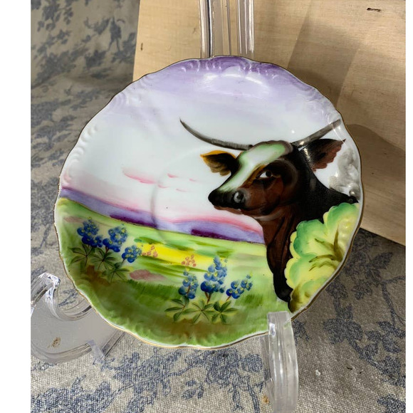 VTG Norcrest Fine China Japan Handpainted Saucer Cow and Texas Bluebells - Picture 1 of 7
